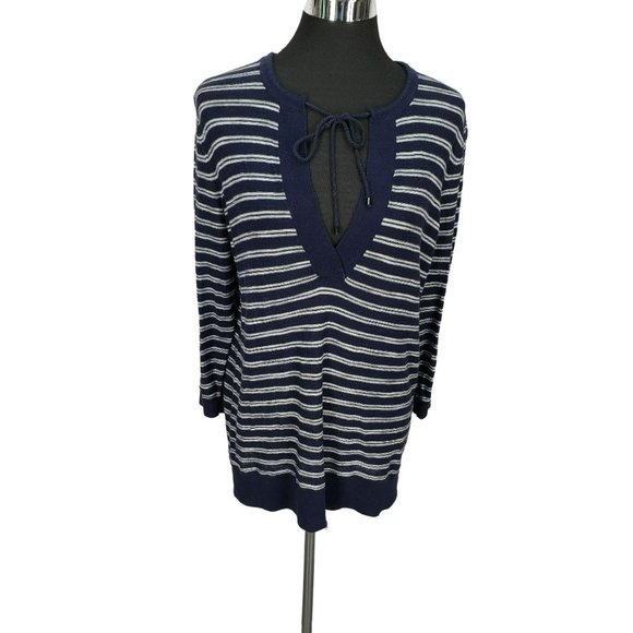 Loft Women's Blue Gray Striped Pullover 3/4 Sleeve See Through Shirt Size Large - Picture 1 of 11
